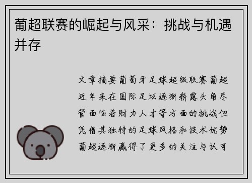 葡超联赛的崛起与风采：挑战与机遇并存