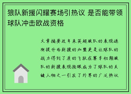 狼队新援闪耀赛场引热议 是否能带领球队冲击欧战资格