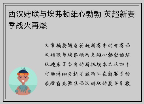 西汉姆联与埃弗顿雄心勃勃 英超新赛季战火再燃